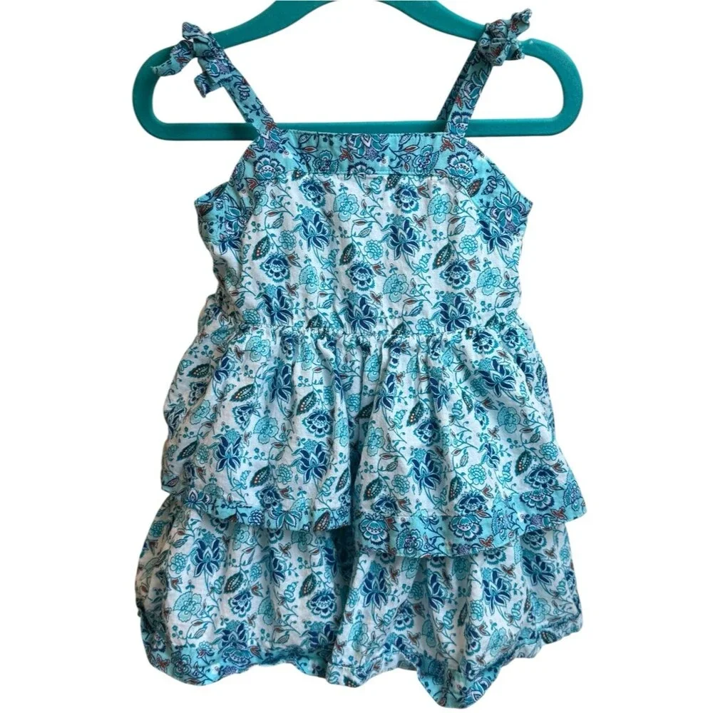 Janie and Jack Girls Sleeveless Blue Floral Tiered Ruffle Dress. 12-18 Months.